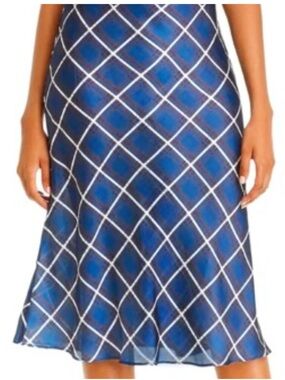 Aqua Midi Plaid Silky Blue Diagonal Grid Midi Skirt size Medium